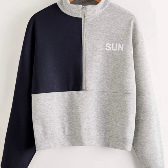 Half Zip Letter Graphic Colorblock sweatshirt NWOT - Picture 1 of 9